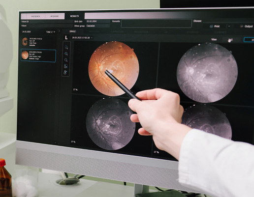 Hand mit Stift zeigt auf farbige und schwarz-weiße Netzhautaufnahmen auf einem Computermonitor.